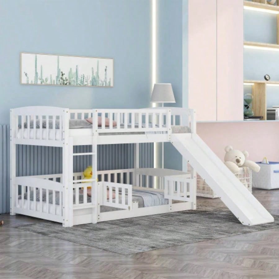 Bunk Bed with Slide, Twin Over Twin Low Bunk Bed with Fence and Ladder Kids Teens White