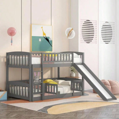 Bunk Bed with Slide, Twin Over Twin Low Bunk Bed with Fence and Ladder Kids Teens White