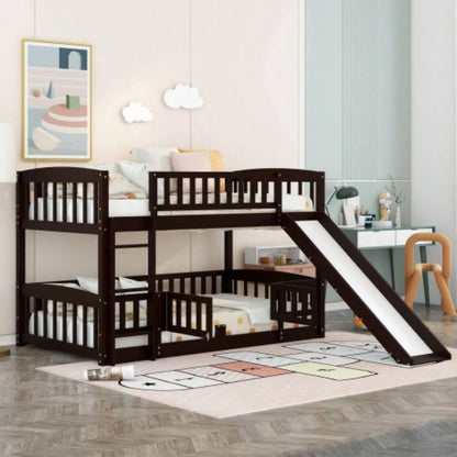Bunk Bed with Slide, Twin Over Twin Low Bunk Bed with Fence and Ladder Kids Teens White