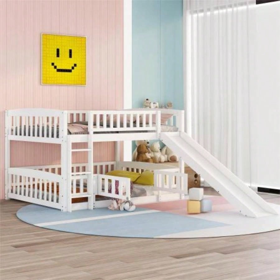Bunk Bed with Slide, Twin Over Twin Low Bunk Bed with Fence and Ladder Kids Teens White