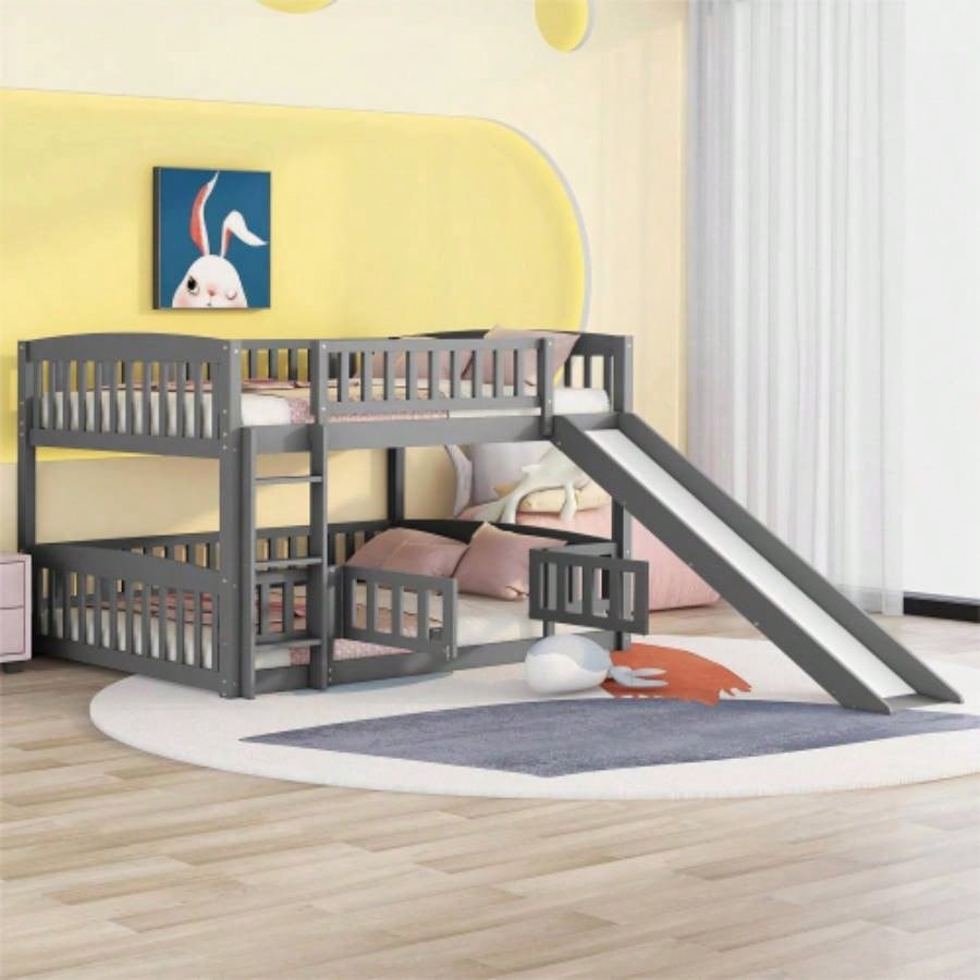 Bunk Bed with Slide, Twin Over Twin Low Bunk Bed with Fence and Ladder Kids Teens White
