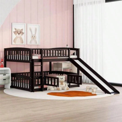 Bunk Bed with Slide, Twin Over Twin Low Bunk Bed with Fence and Ladder Kids Teens White