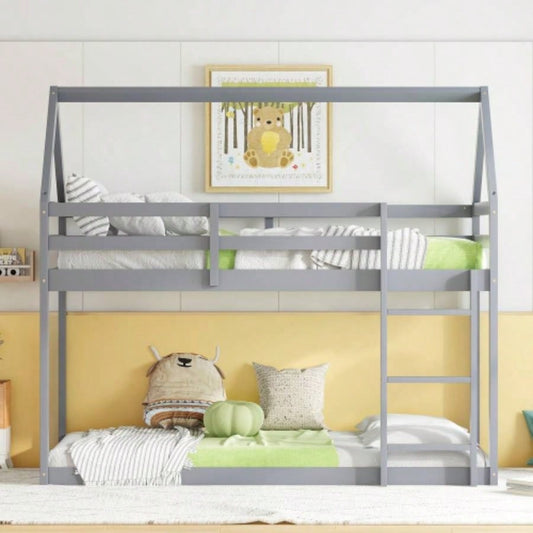 Twin over Twin Rubber Wood Floor Bunk Bed, with ladder, Guardrails, House - Shaped - Bunk Bed,
