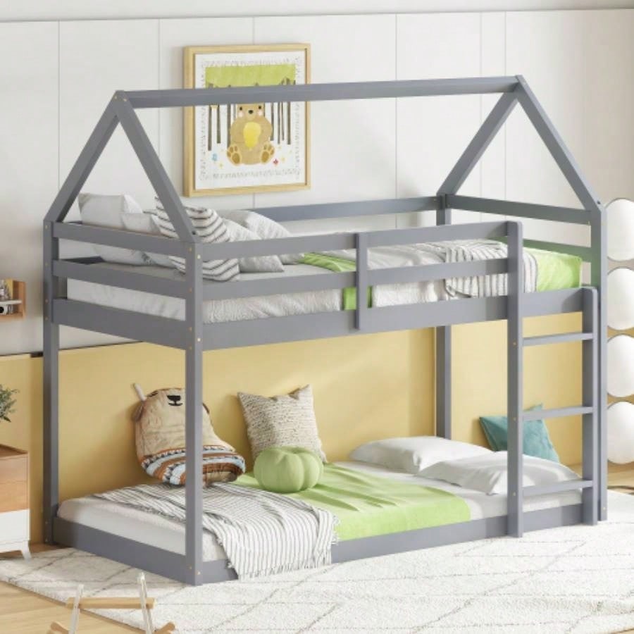 Twin over Twin Rubber Wood Floor Bunk Bed, with ladder, Guardrails, House - Shaped - Bunk Bed,