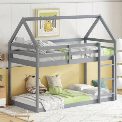 Twin over Twin Rubber Wood Floor Bunk Bed, with ladder, Guardrails, House - Shaped - Bunk Bed,