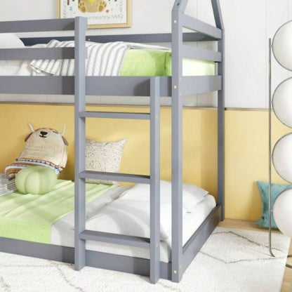 Twin over Twin Rubber Wood Floor Bunk Bed, with ladder, Guardrails, House - Shaped - Bunk Bed,