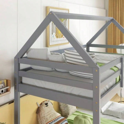 Twin over Twin Rubber Wood Floor Bunk Bed, with ladder, Guardrails, House - Shaped - Bunk Bed,