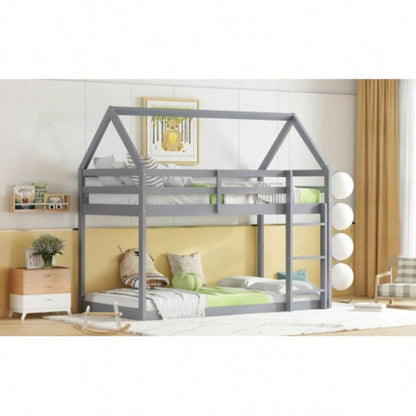 Twin over Twin Rubber Wood Floor Bunk Bed, with ladder, Guardrails, House - Shaped - Bunk Bed,