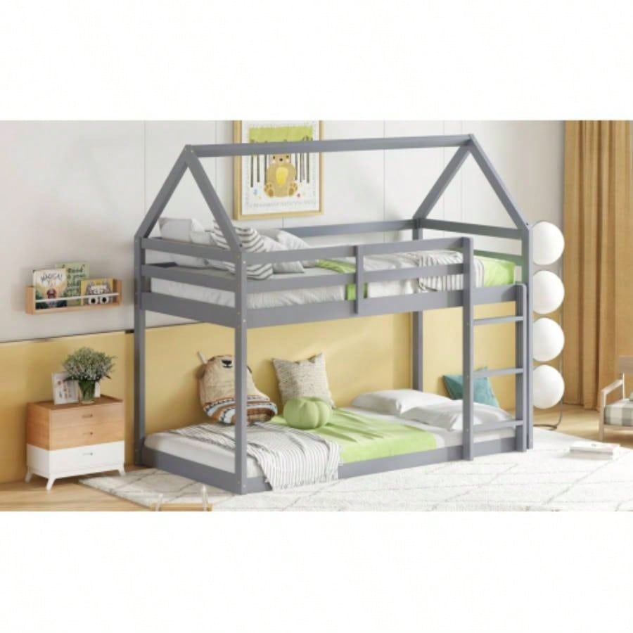 Twin over Twin Rubber Wood Floor Bunk Bed, with ladder, Guardrails, House - Shaped - Bunk Bed,