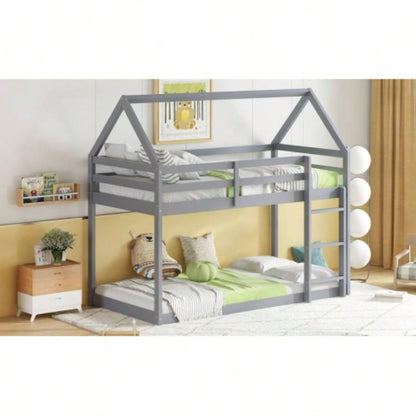 Twin over Twin Rubber Wood Floor Bunk Bed, with ladder, Guardrails, House - Shaped - Bunk Bed,