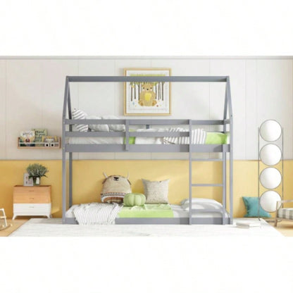 Twin over Twin Rubber Wood Floor Bunk Bed, with ladder, Guardrails, House - Shaped - Bunk Bed,