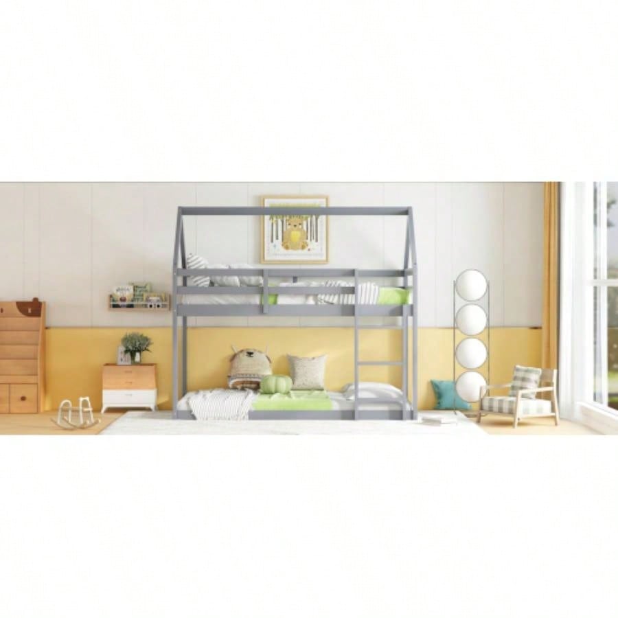 Twin over Twin Rubber Wood Floor Bunk Bed, with ladder, Guardrails, House - Shaped - Bunk Bed,