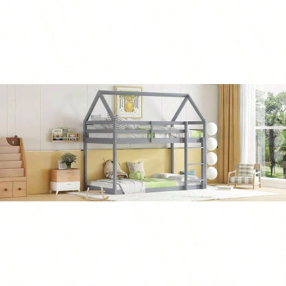 Twin over Twin Rubber Wood Floor Bunk Bed, with ladder, Guardrails, House - Shaped - Bunk Bed,