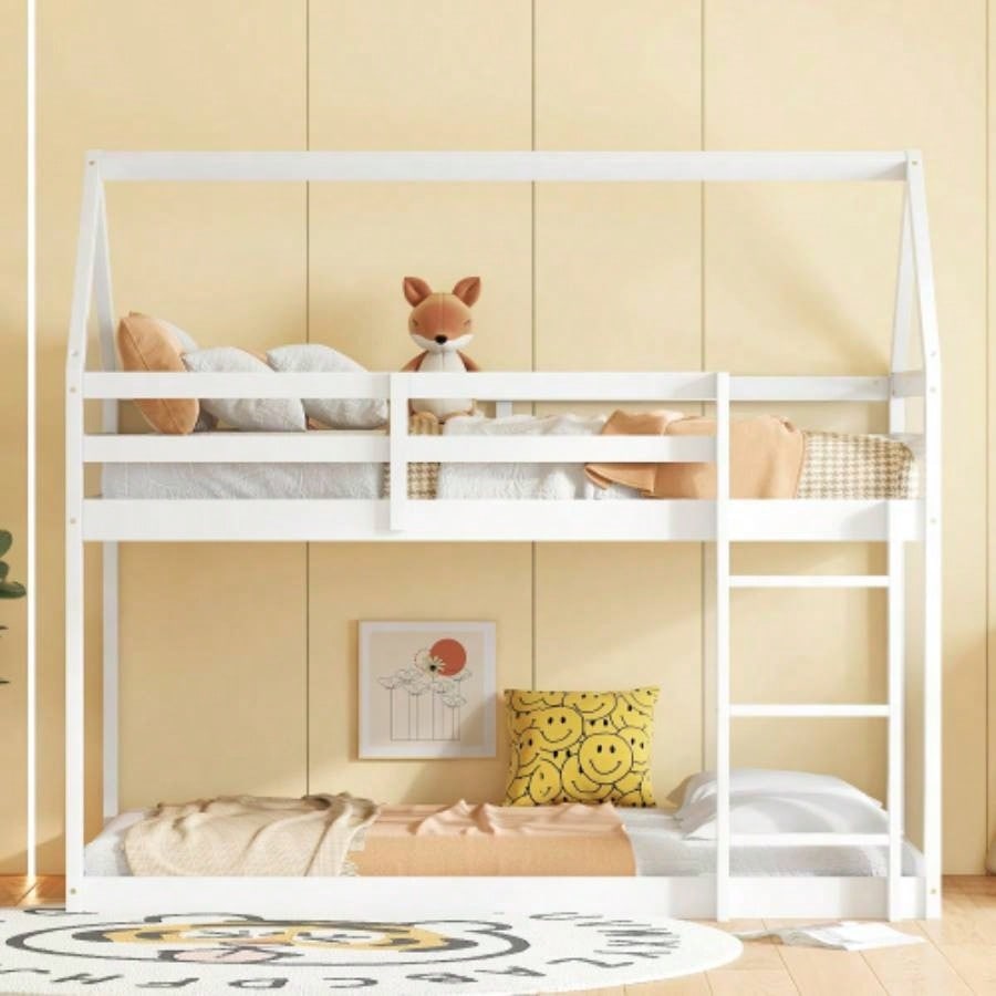 Twin over Twin Rubber Wood Floor Bunk Bed, with ladder, Guardrails, House - Shaped - Bunk Bed,