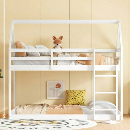 Twin over Twin Rubber Wood Floor Bunk Bed, with ladder, Guardrails, House - Shaped - Bunk Bed,