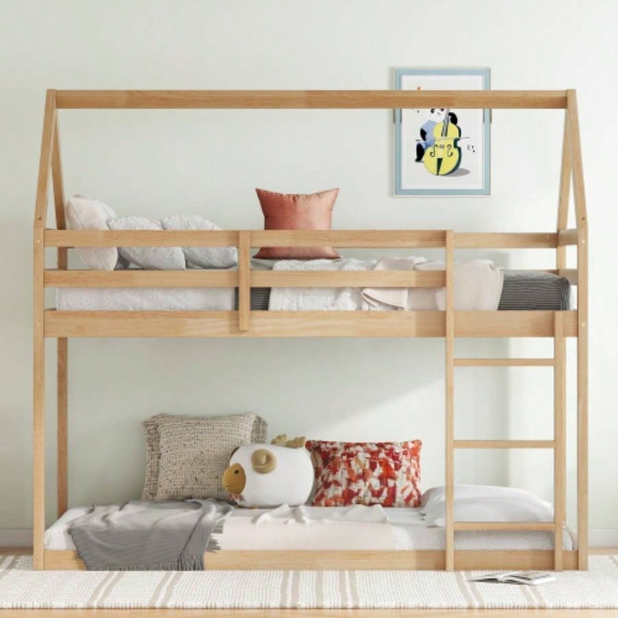 Twin over Twin Rubber Wood Floor Bunk Bed, with ladder, Guardrails, House - Shaped - Bunk Bed,
