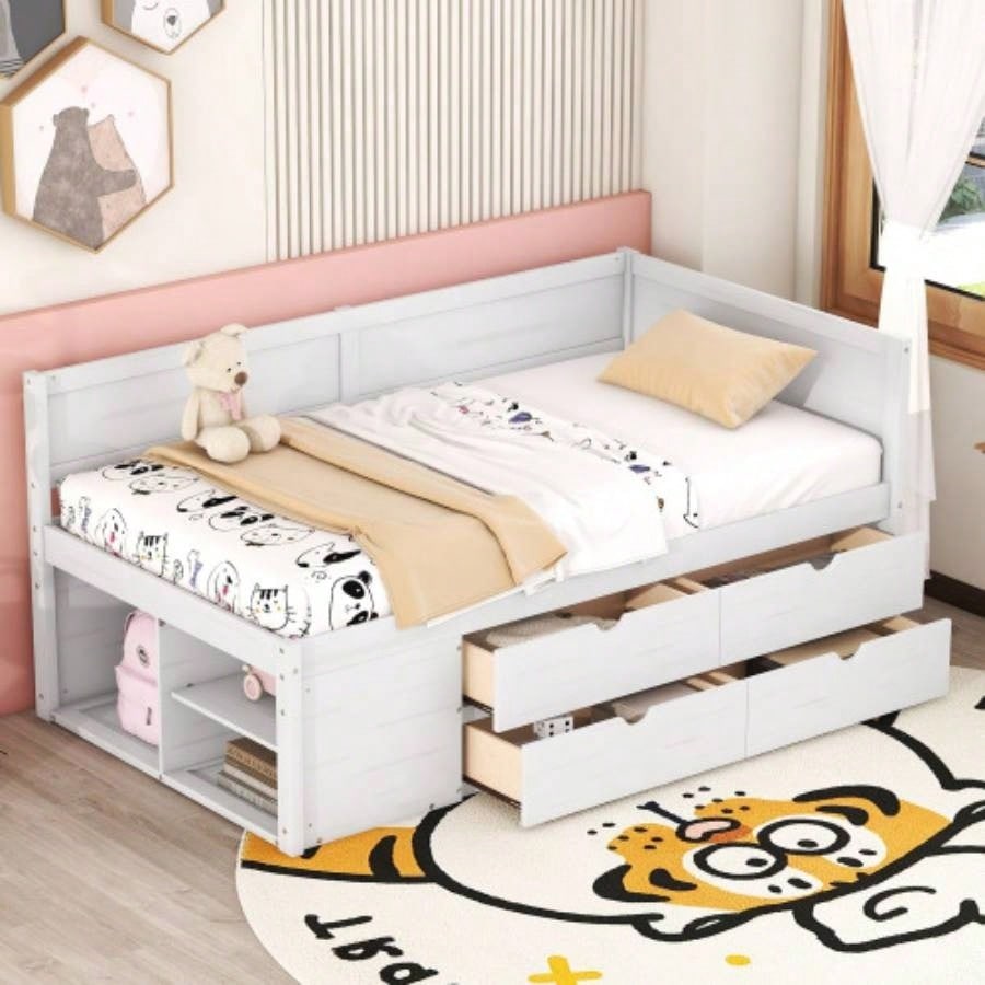 Twin Size Daybed with Drawers and Shelves, Walnut