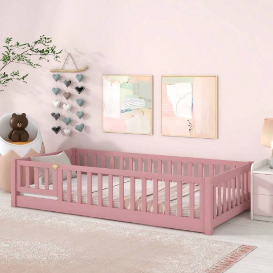 Twin size Floor Platform Bed with Fence and Door, Pink
