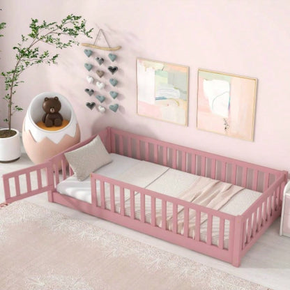 Twin size Floor Platform Bed with Fence and Door, Pink