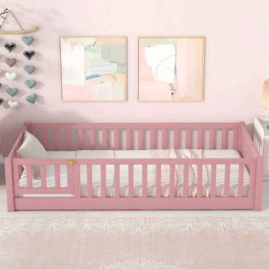 Twin size Floor Platform Bed with Fence and Door, Pink