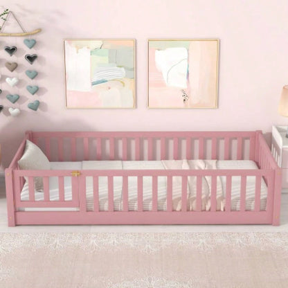 Twin size Floor Platform Bed with Fence and Door, Pink