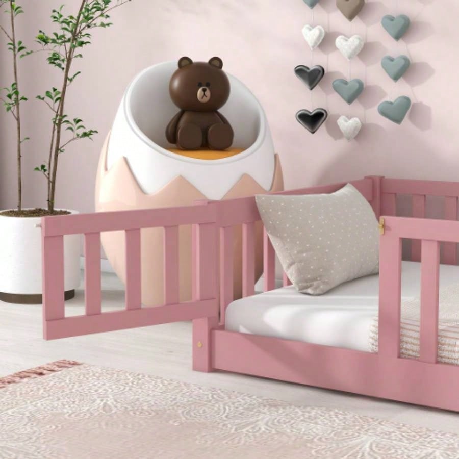 Twin size Floor Platform Bed with Fence and Door, Pink