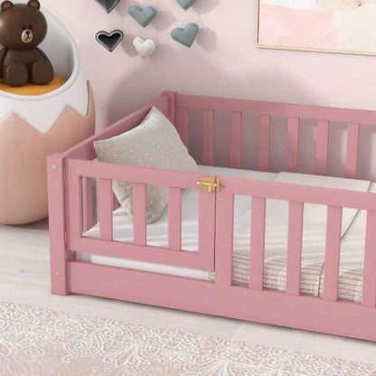 Twin size Floor Platform Bed with Fence and Door, Pink