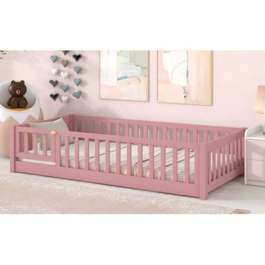 Twin size Floor Platform Bed with Fence and Door, Pink