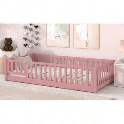Twin size Floor Platform Bed with Fence and Door, Pink