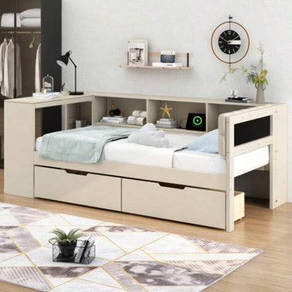 Wood Twin Size Platform Bed with Storage Shelves, Drawers, Charging Station and Upholstered Headboard,