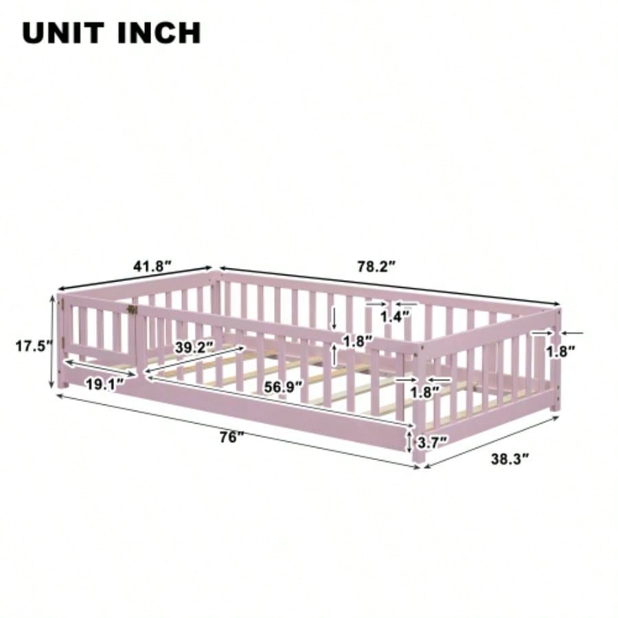 Twin size Floor Platform Bed with Fence and Door, Pink