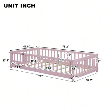 Twin size Floor Platform Bed with Fence and Door, Pink