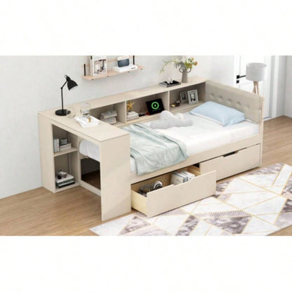 Wood Twin Size Platform Bed with Storage Shelves, Drawers, Charging Station and Upholstered Headboard,