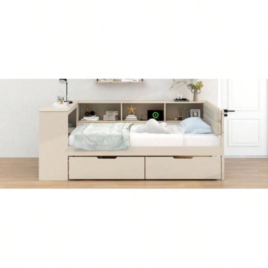 Wood Twin Size Platform Bed with Storage Shelves, Drawers, Charging Station and Upholstered Headboard,