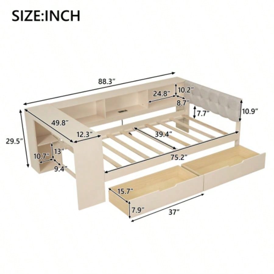 Wood Twin Size Platform Bed with Storage Shelves, Drawers, Charging Station and Upholstered Headboard,