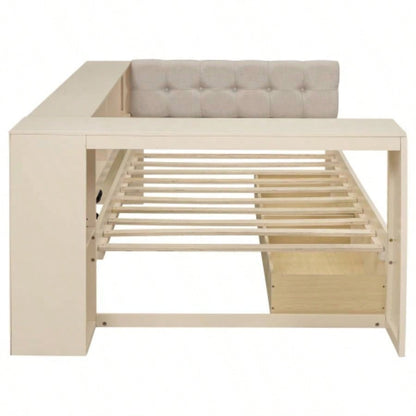 Wood Twin Size Platform Bed with Storage Shelves, Drawers, Charging Station and Upholstered Headboard,