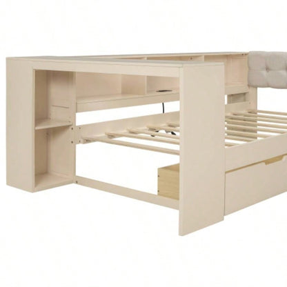 Wood Twin Size Platform Bed with Storage Shelves, Drawers, Charging Station and Upholstered Headboard,