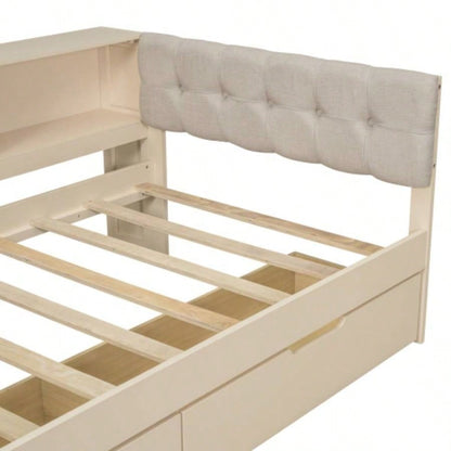 Wood Twin Size Platform Bed with Storage Shelves, Drawers, Charging Station and Upholstered Headboard,