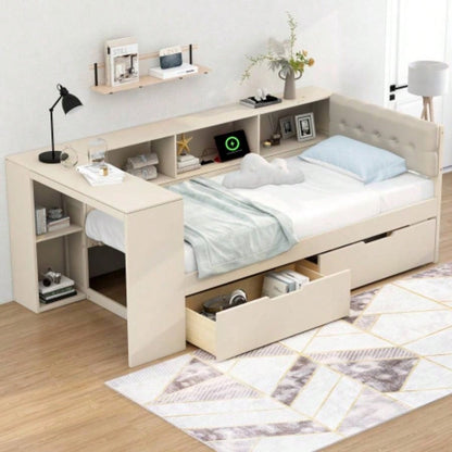 Wood Twin Size Platform Bed with Storage Shelves, Drawers, Charging Station and Upholstered Headboard,