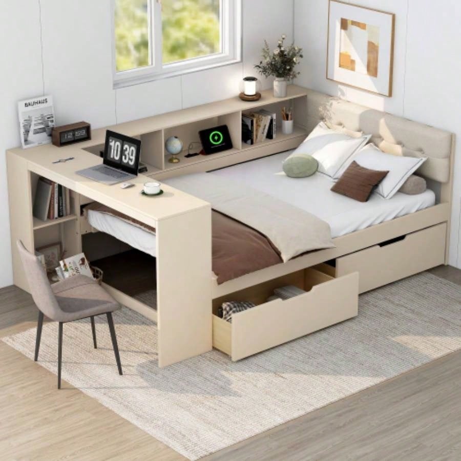 Wood Twin Size Platform Bed with Storage Shelves, Drawers, Charging Station and Upholstered Headboard,