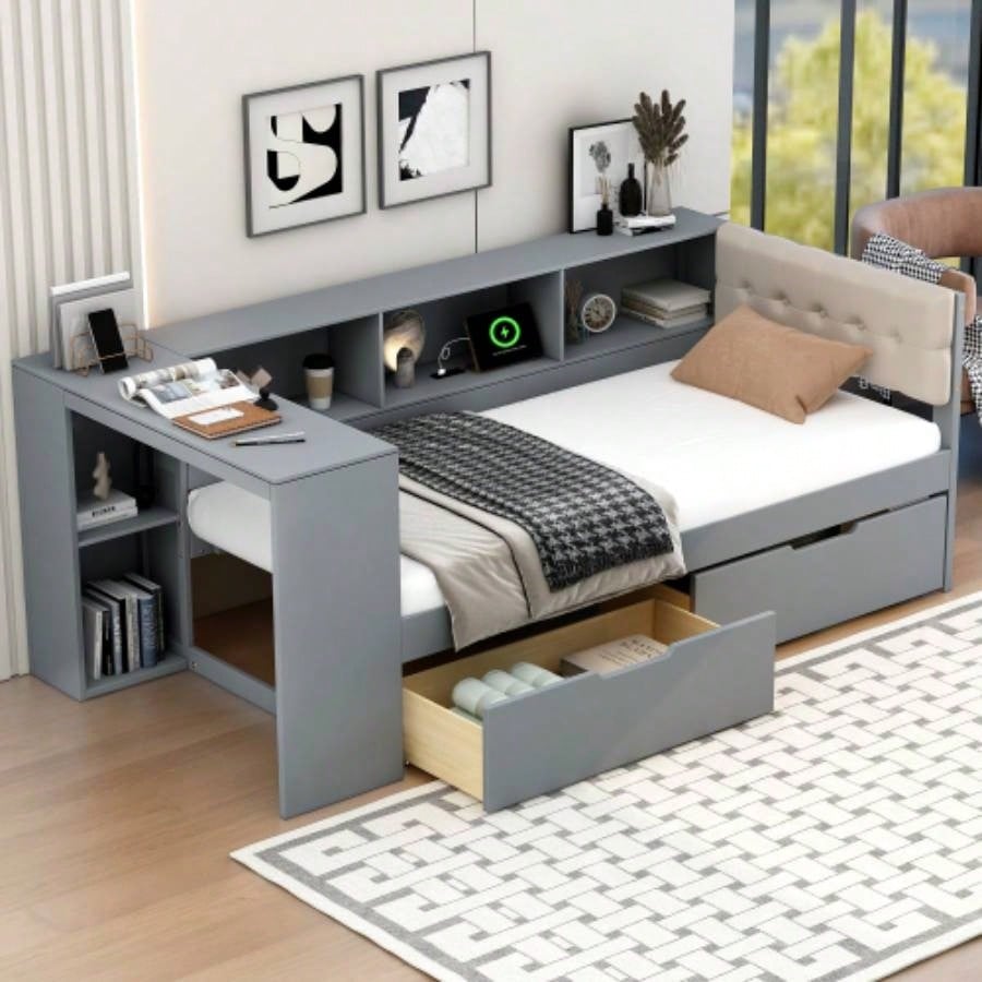 Wood Twin Size Platform Bed with Storage Shelves, Drawers, Charging Station and Upholstered Headboard,