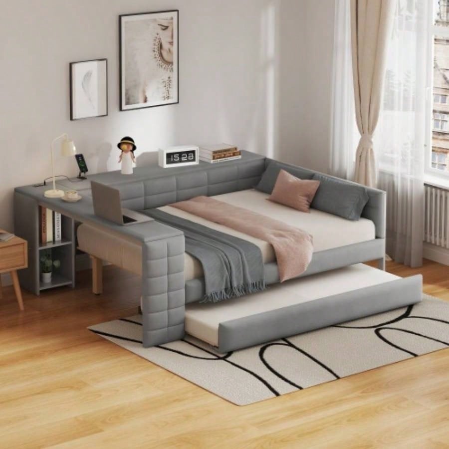 Wood Twin Size Platform Bed with Storage Shelves, Drawers, Charging Station and Upholstered Headboard,
