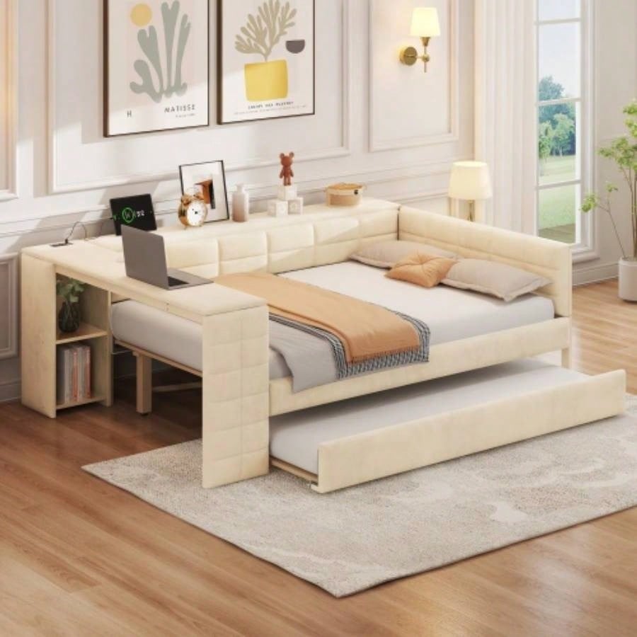Wood Twin Size Platform Bed with Storage Shelves, Drawers, Charging Station and Upholstered Headboard,