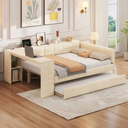 Wood Twin Size Platform Bed with Storage Shelves, Drawers, Charging Station and Upholstered Headboard,