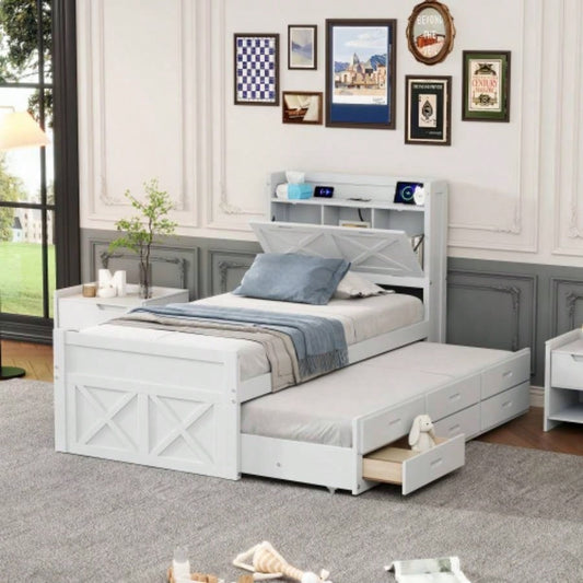 Twin Size Wooden Bed with Storage Headboard with Outlets, Extendable Bed with Twin Size Trundle with Three Storage Drawers, White