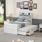 Twin Size Wooden Bed with Storage Headboard with Outlets, Extendable Bed with Twin Size Trundle with Three Storage Drawers, White
