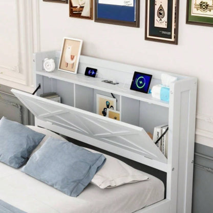 Twin Size Wooden Bed with Storage Headboard with Outlets, Extendable Bed with Twin Size Trundle with Three Storage Drawers, White