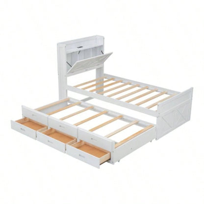 Twin Size Wooden Bed with Storage Headboard with Outlets, Extendable Bed with Twin Size Trundle with Three Storage Drawers, White