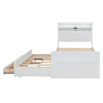 Twin Size Wooden Bed with Storage Headboard with Outlets, Extendable Bed with Twin Size Trundle with Three Storage Drawers, White