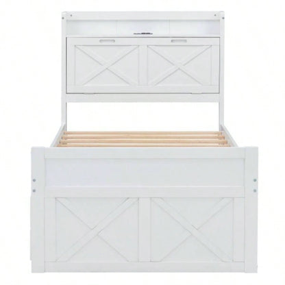 Twin Size Wooden Bed with Storage Headboard with Outlets, Extendable Bed with Twin Size Trundle with Three Storage Drawers, White